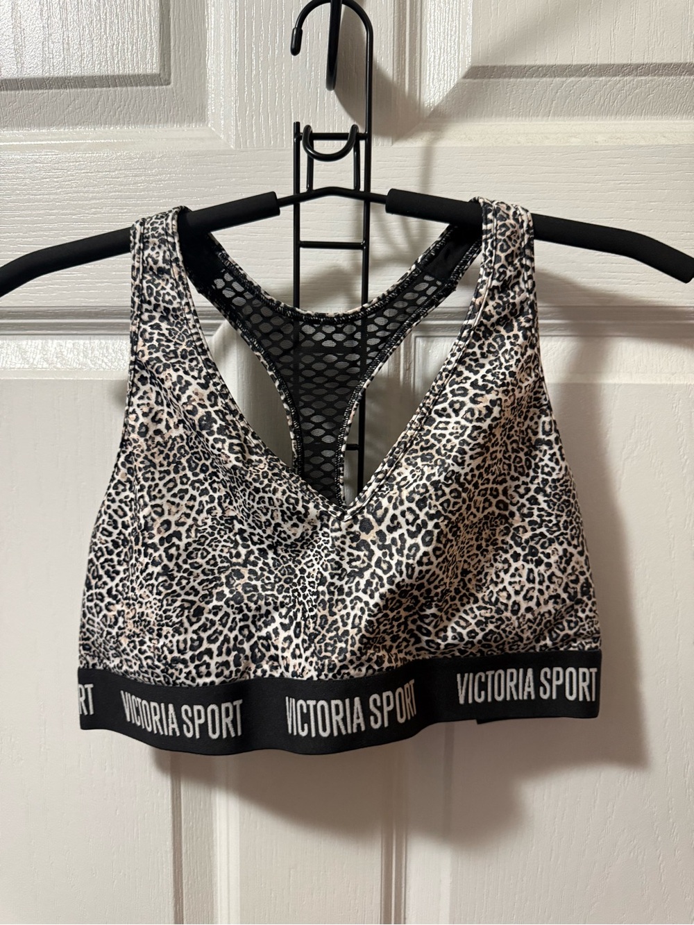 Victoria's Secret Leopard-Print Mesh-Back Sports Bra in Black and Cream